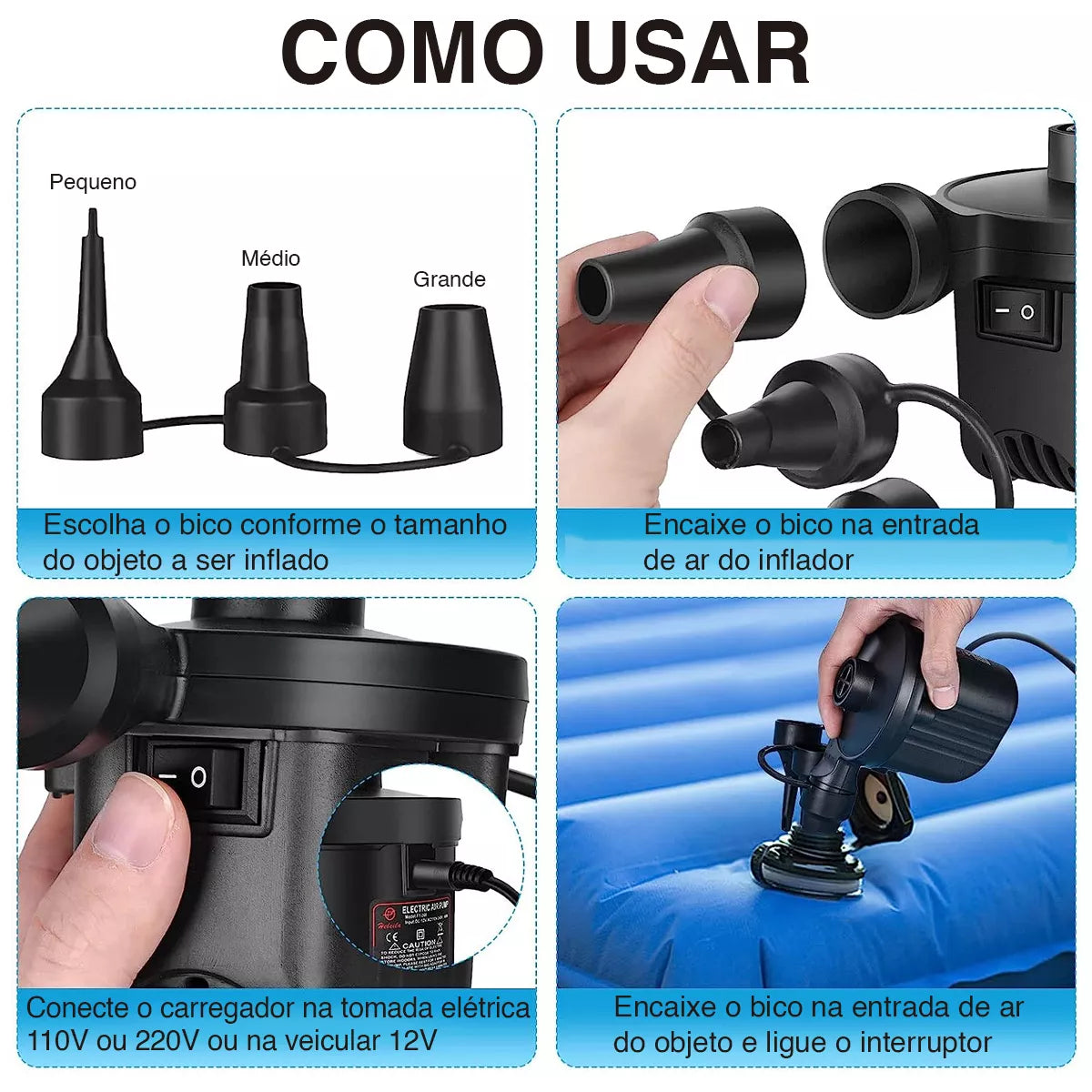 Inflador Elétrico 127V / 220V  com 3 Bicos Cônicos