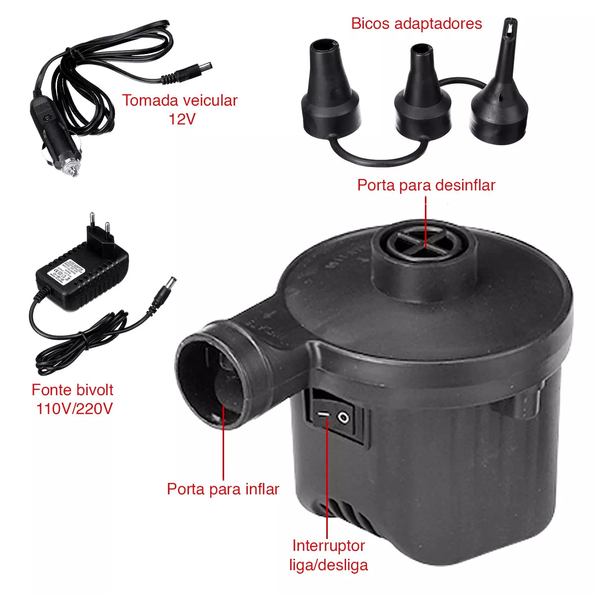 Inflador Elétrico 127V / 220V  com 3 Bicos Cônicos